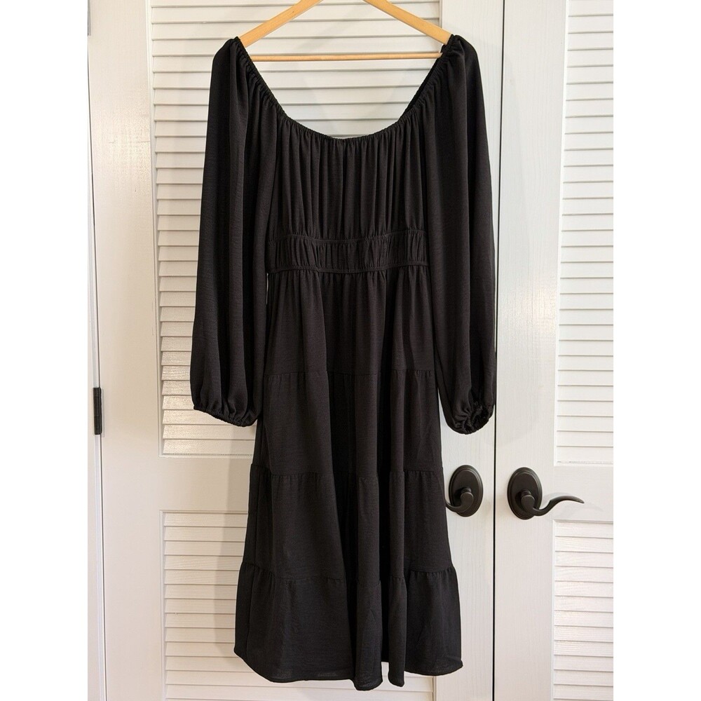 She + Sky Black Off Shoulder Tiered  Dress Long Balloon Sleeve Elastic Waist L - Picture 2 of 6